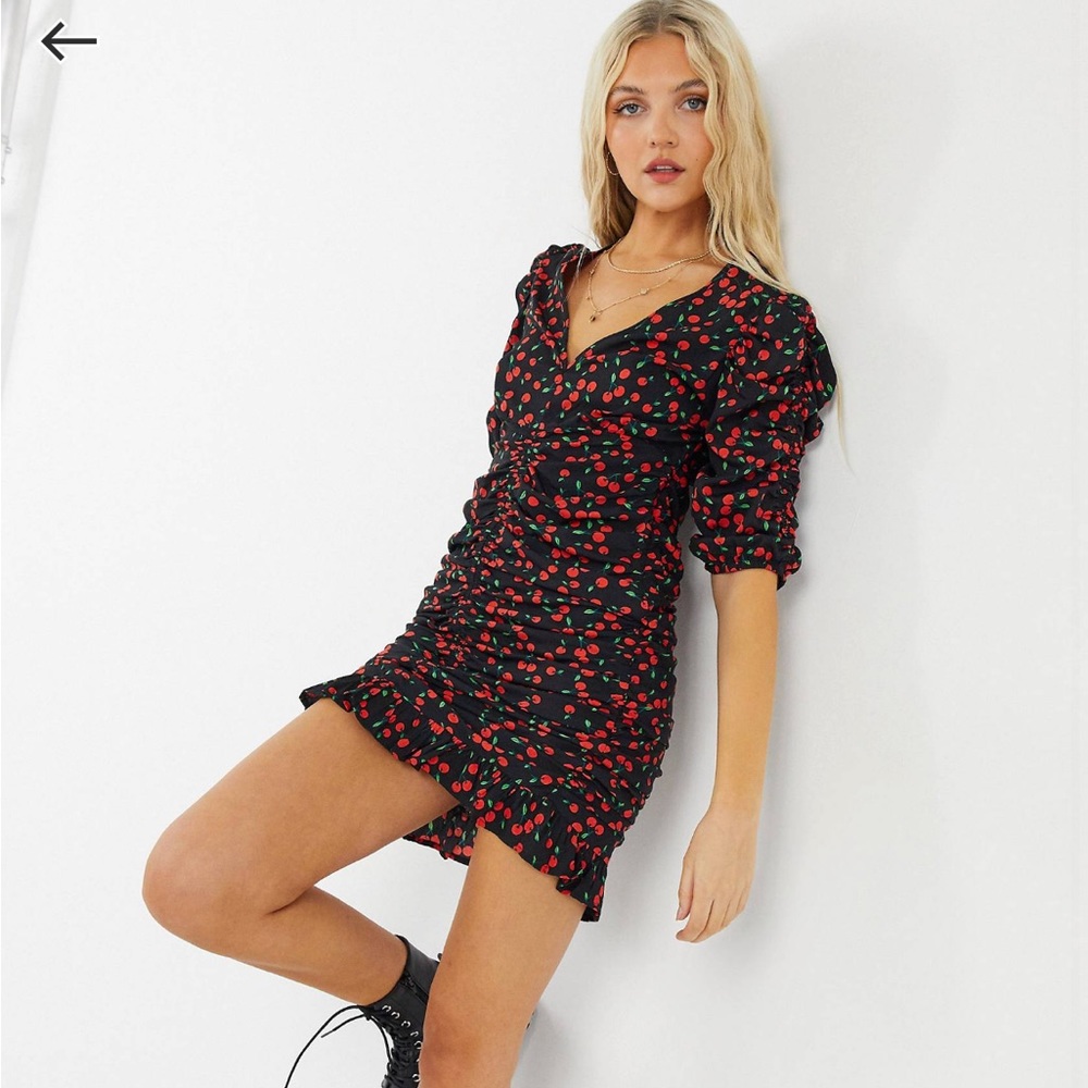 Wednesday’s Girl Mini Tea Dress In Cherry Print Ruched Ruffle Puff Sleeve